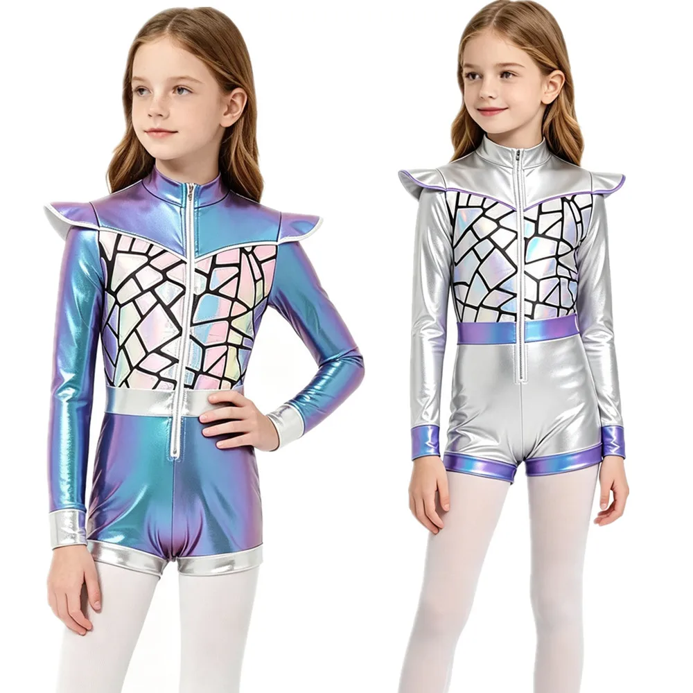 Kids Girls Halloween Outer Space Cutie Alien Robot Astronaut Dress Up Costume Long Sleeve Zipper Metallic Shiny Sequin Bodysuit