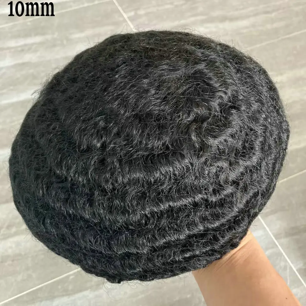 الأفرو الأسود Men's10MM موجة عميقة الشعر البشري الشعرية الاصطناعية دائم غير قابل للاكتشاف كامل الجلد بولي Base قاعدة نظام استبدال شعر مستعار الذكور