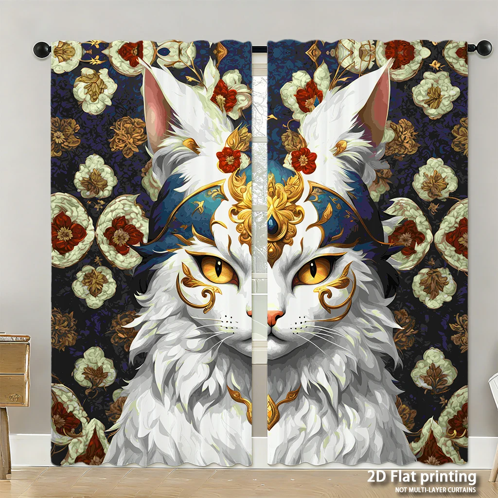 2-piece set of high-definition digital printed curtainswhite cat with floral patterned background and ornate headpieceHome decor