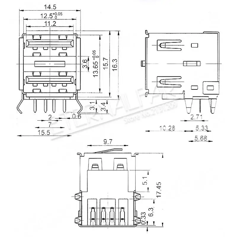 USB 2.0 Type A Double layer Female 90 Degree 8PIN Bent foot Crimping DIP Bend Needle Welding Wire Interface Connector Socket DIY