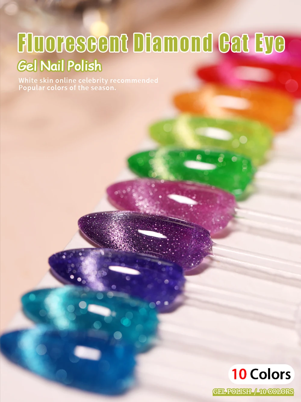 Vendeeni 10 Farben/Set Fluoreszierender Diamant-Katzenaugen-Gel-Nagellack Glitzer Magnetischer UV-Soak-Off-Gel-Lack mit Display – Detail 1