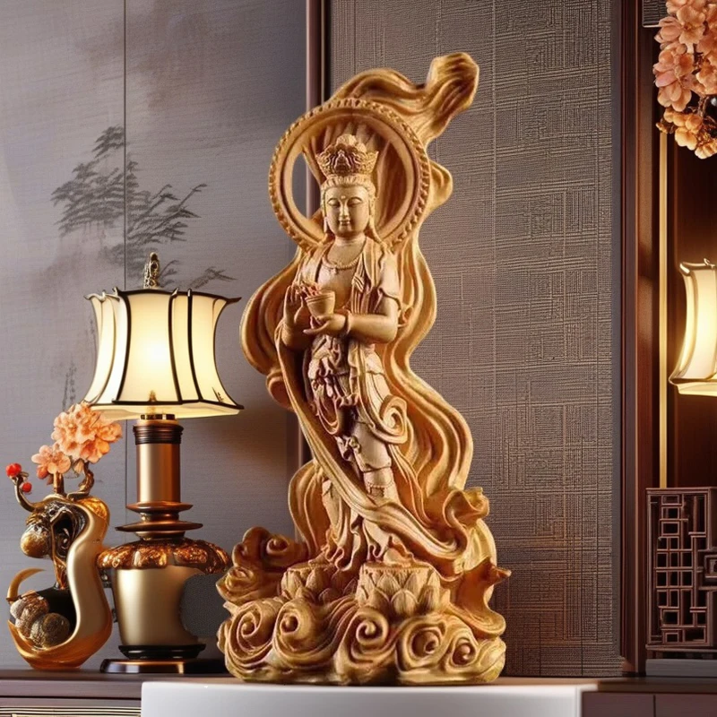 Wooden Sea-Crossing GuanyinStatue Chinese Buddha Log Color Solid Wood Carving Home Living Room FengShui Decoration Figure Statue