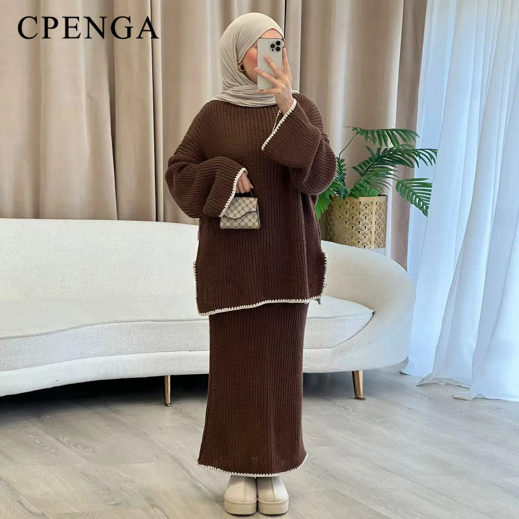 

Зимнее мусульманское женское трикотажное платье из двух частей Рамадан Дубай Скромный комплект Абая Толстый и теплый исламский наряд Турецкий топ и костюм-платье