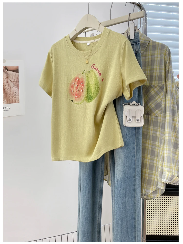 Cure- Hand-Drawn round Neck T-Shirt Short Sleeve Letter Print Soft Daily Commuting Anti-Aging Top for Young Women