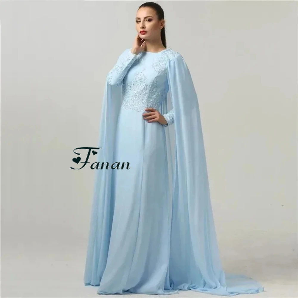 Disesuaikan Yipeisha sederhana biru langit dengan jubah lengan gaun malam O-neck Muslin sifon Appilques A-line panjang lantai Formal