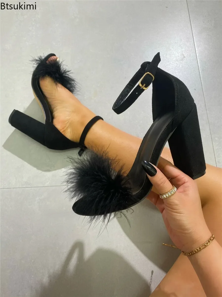 New 2024 Women\'s Sexy Feather High Heel Sandals Romanesque Summer Thick Heel High Heel Sandals Female Large Fish Mouth Sandalias