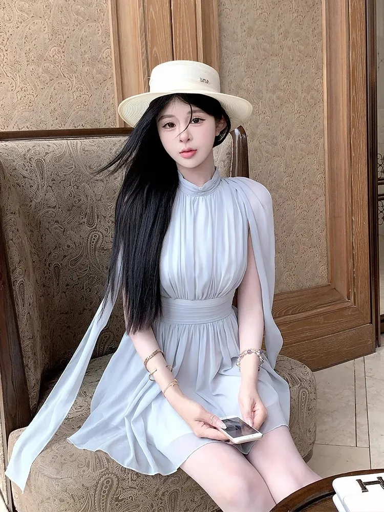 

Chiffon Dress Women Summer Elegant White A-Line High Waist Holiday Style Short Vestidos Sleeveless High Waisted Ribbon Dresses