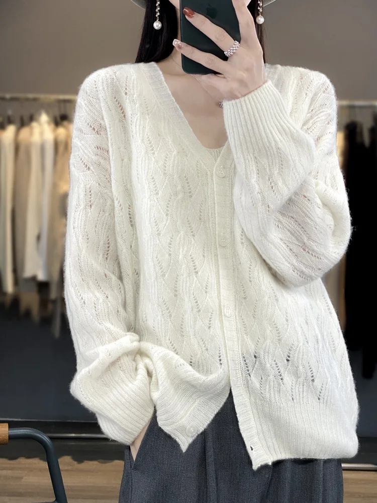 2024 Spring Summer Women Cardigan 100% Merino Wool Long Sleeve Knitted Sweater Fashion Casual Lady Coat V-Neck Loose Women Shirt