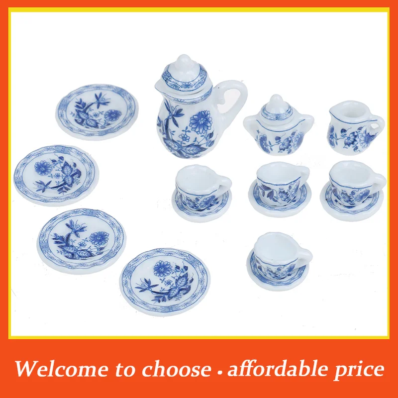 

15Pcs new 1:12 Dollhouse miniature blue flower tableware porcelain coffee tea cups