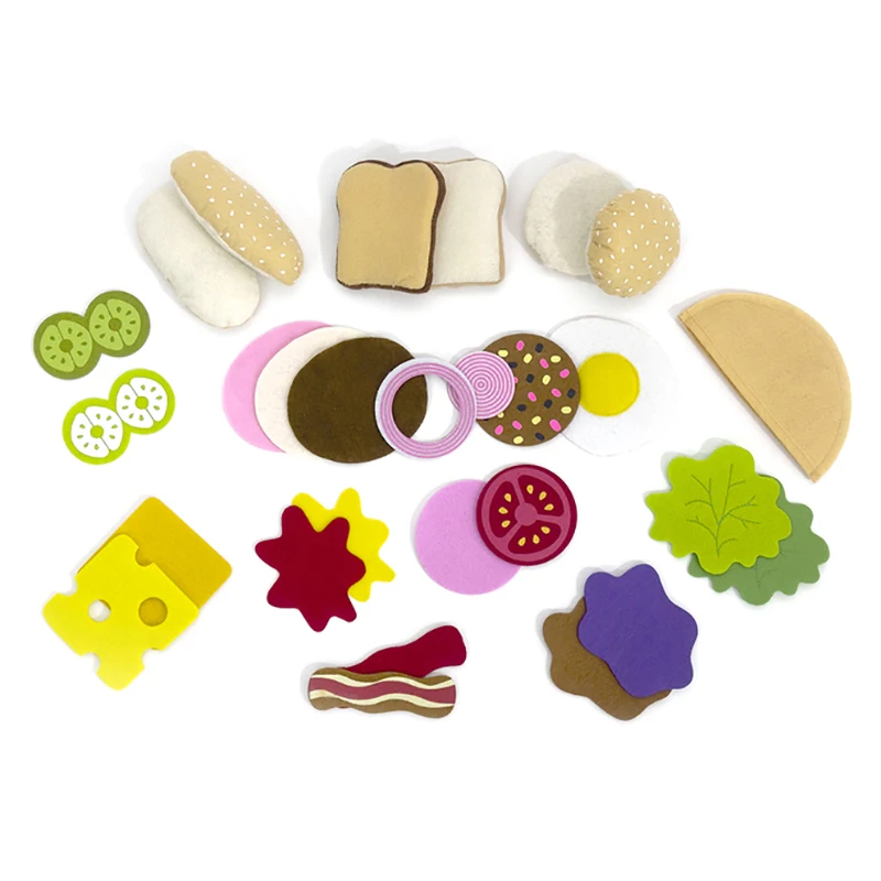 Ensemble de jouets alimentaires en feutre de 28 pièces, idéal pour les enfants, jeu de simulation et jeux de rôle de cuisine, comprend un Sandwich aux hamburgers