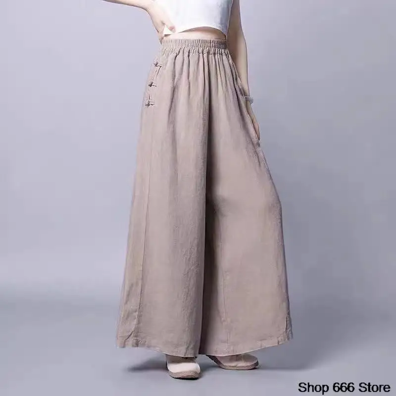 Ethnic Style Retro Wide Leg Pants Chinese Traditional Female Loose Culottes Chiffon Dance Trousers Fashion Print Pants90-200kg