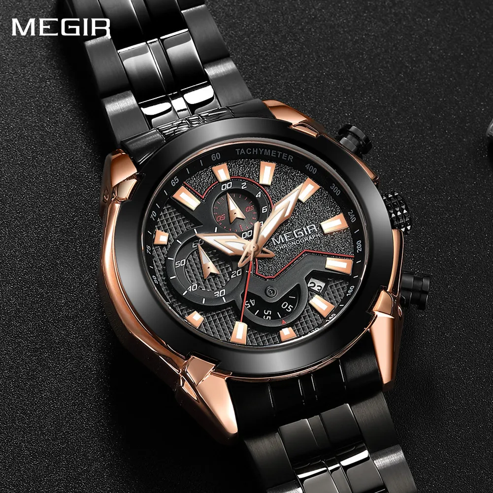 MEGIR موضة ساعات رجالية الأعمال كرونوغراف الفولاذ المقاوم للصدأ كوارتز ساعة اليد مقاوم للماء ساعة التقويم Reloj Hombre 2065
