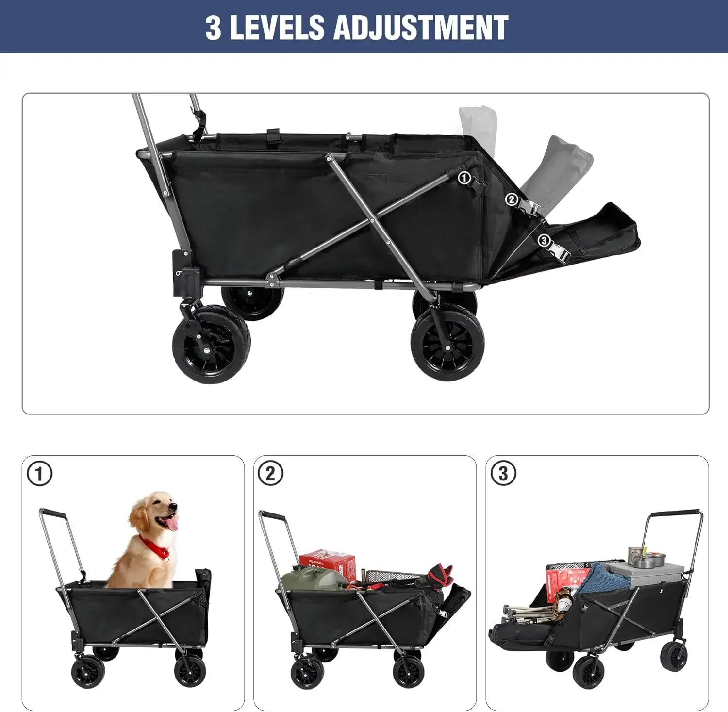 Folding Dog Wagon Cart with Extendable Rear End Heavy Duty, 220L Large Collapsible Utility Cart Dog Stroller with Tailgate