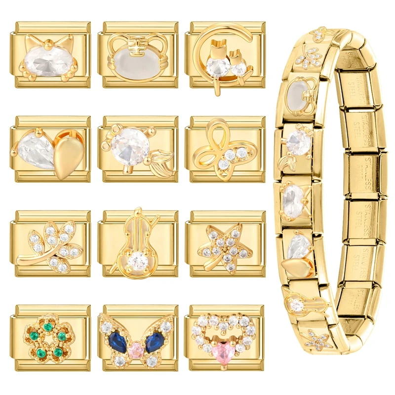 Vintage Zircon Butterfly Leaf Moon Cat Flower Golden Italian Charm Links Fit 9mm Stainless Steel Bracelet Women DIY Making Gift