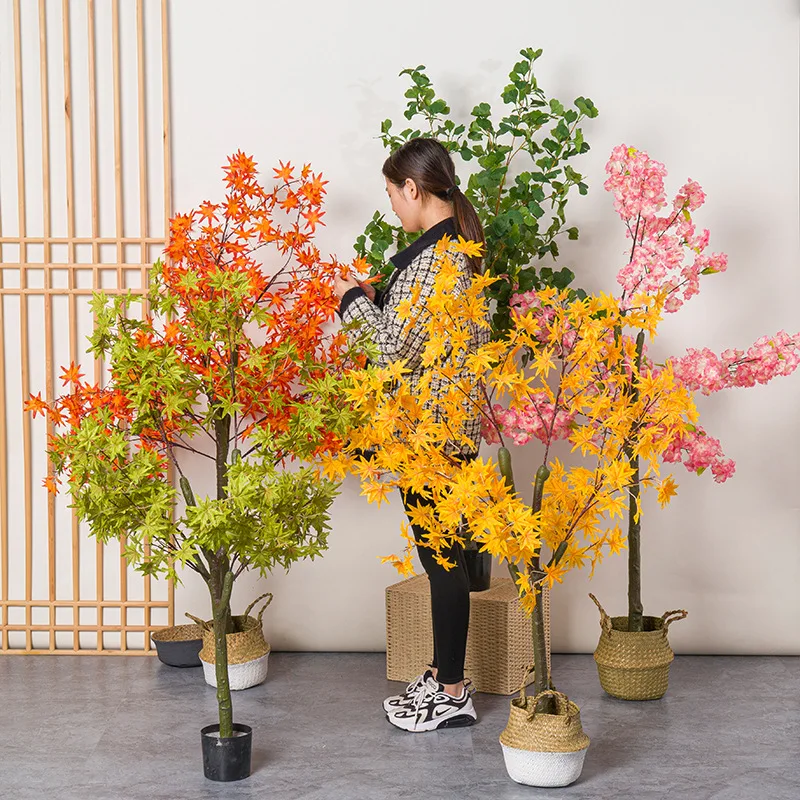 

Artificial Red Maple Tree Potted Ginkgo Leaf Bonsai Plant For Home Living Room Garden Restaurant Floor Ornament