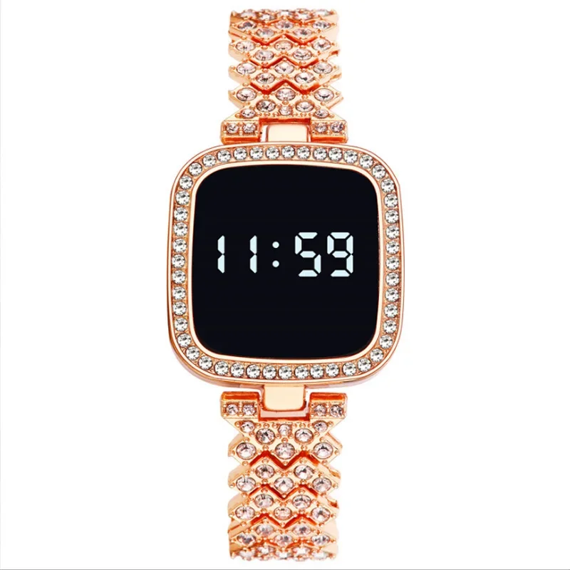 Luxury Rhinestone Digital Watches for Women Simple Touch Screen LED Watch Fashion Steel Strap Rose Gold Ladies Watch Reloj Mujer