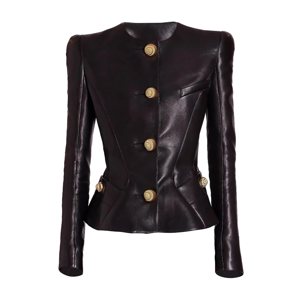 

CHICEVER Solid Slimming Spliced Single Breasted Leather Jackets for Women O Neck Long Sleeves Patchwork Pockets Jacket Female