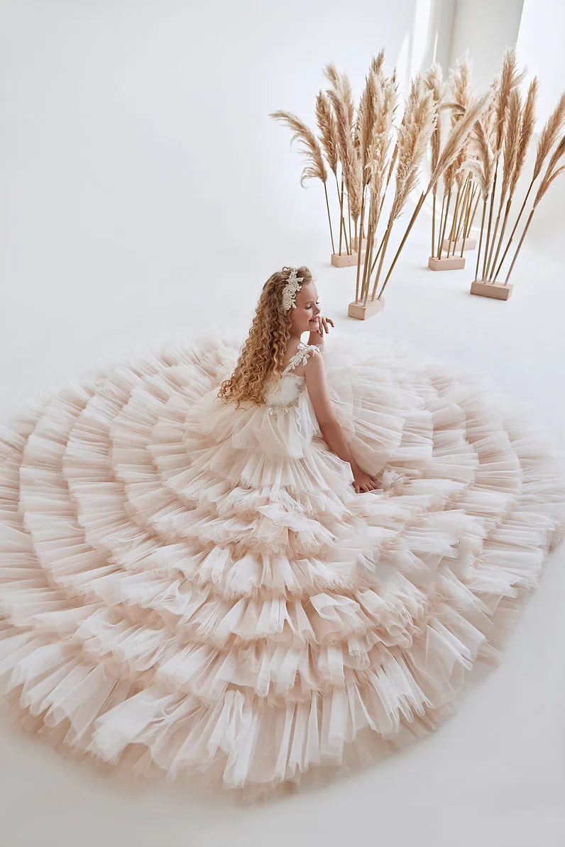 Vestidos de niña de flores de color rosa rubor para boda lentejuelas sin mangas con gradas elegantes vestidos de primera comunión para fiesta de cumpleaños para niños