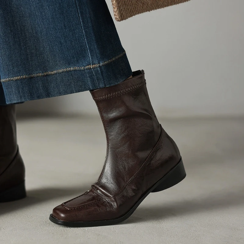 

Women's new leather sheepskin autumn and winter square toe and calf mid heel zipper elastic boots slim boots retro short boots