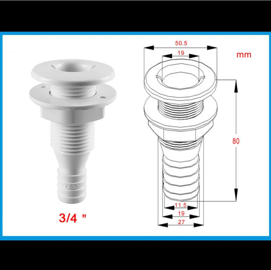 2 pçs de plástico de náilon através do encaixe do porão do casco 19mm para a mangueira do aerador da bomba do porão do barco iate marinho vela rv caminhão 3/4