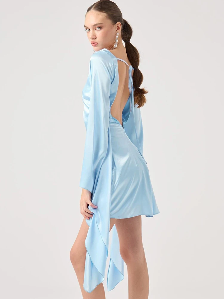 Oniflyme الساتان عارية الذراعين Bodycon فستان قصير المرأة الخريف الصلبة س الرقبة غير النظامية كم طويل سليم فساتين قصيرة أنيقة ملابس الحفلات