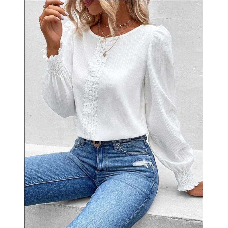 New Women Lace Patchwork Elegant Blouses Spring Autumn Fashion Office Lady Shirts Solid Long Sleeve Loose Tops Blusas Para Mujer