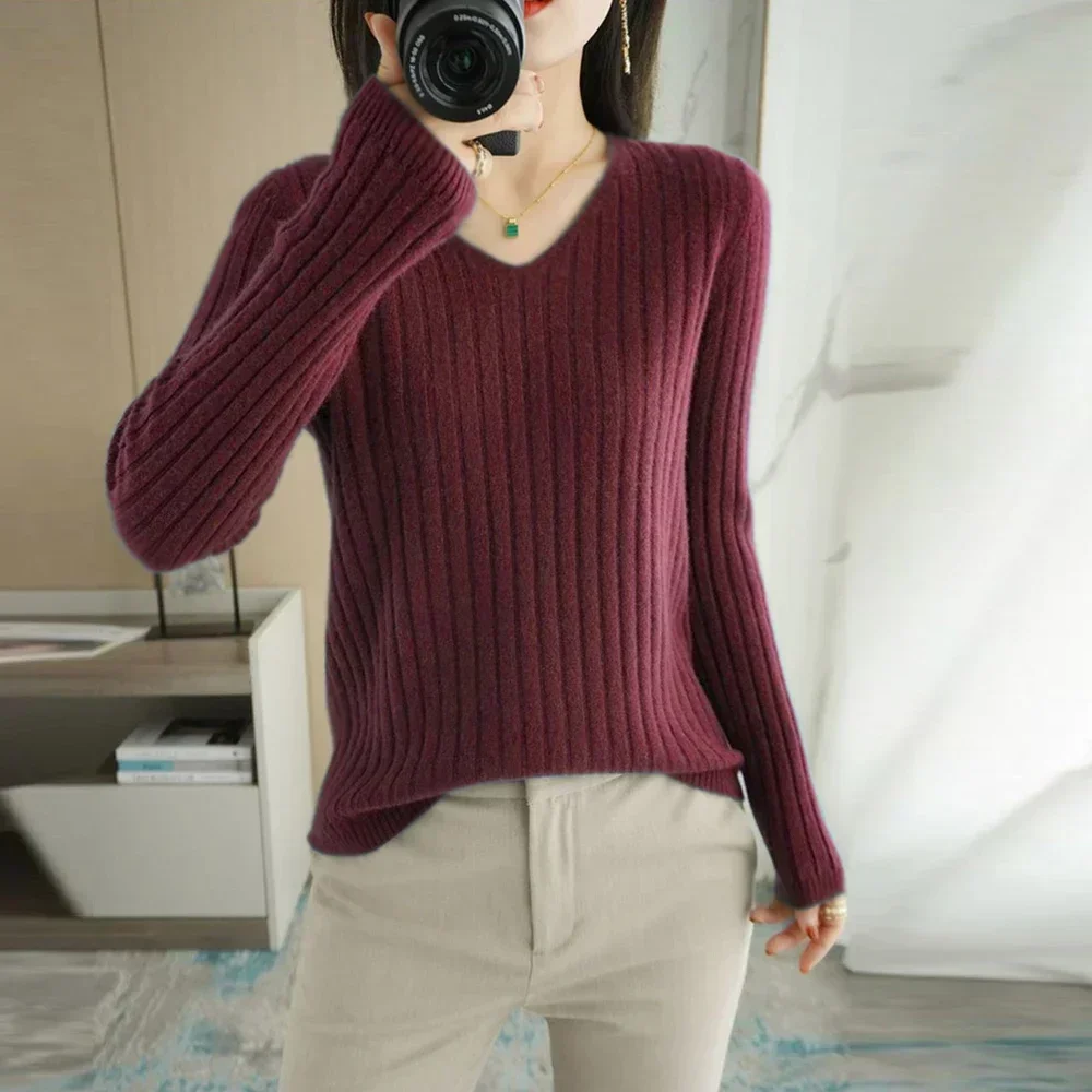 Knitwear V-neck Full Sleeved Knitted Sweater Women S-2XL Long Sleeved Screw Thread Stretch T Shirt Girl Black Coffee Yellow Tops