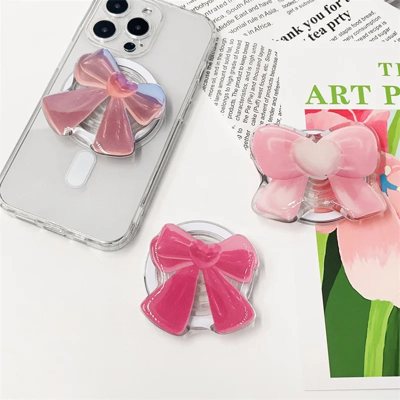 Bonito dos desenhos animados rosa arco magnético titular, aperto superior, suporte do telefone stand, suporte para iphone 16, pad, magsafe, inteligente, coreano