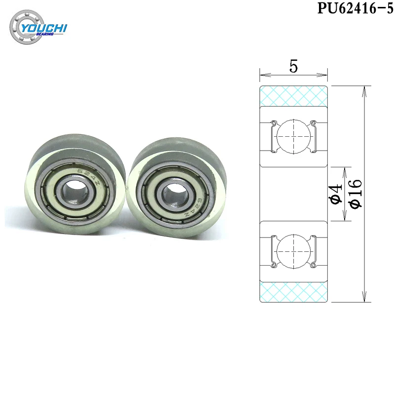 

10pcs OD 16mm Polyurethane Forming Bearing Pulley PU62416-5 PU Coated Roller 4x16x5 Rubber Mute Guide Wheel Pulley 4*16*5