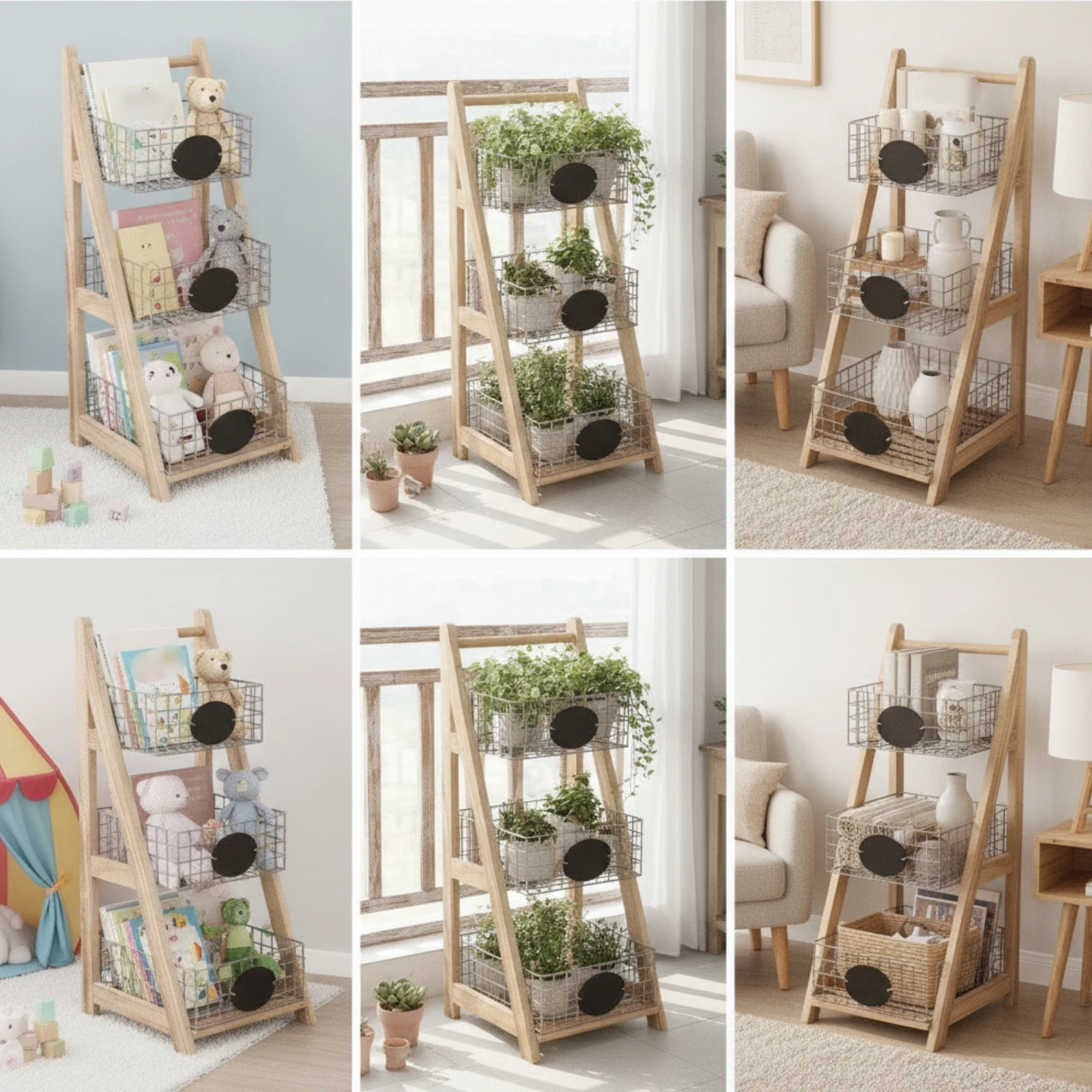 Ladder Storage Rack with Wire Baskets Floor-Standing Angular-Frame Basket Stand Multifunctional Storage Rack Stand Natural