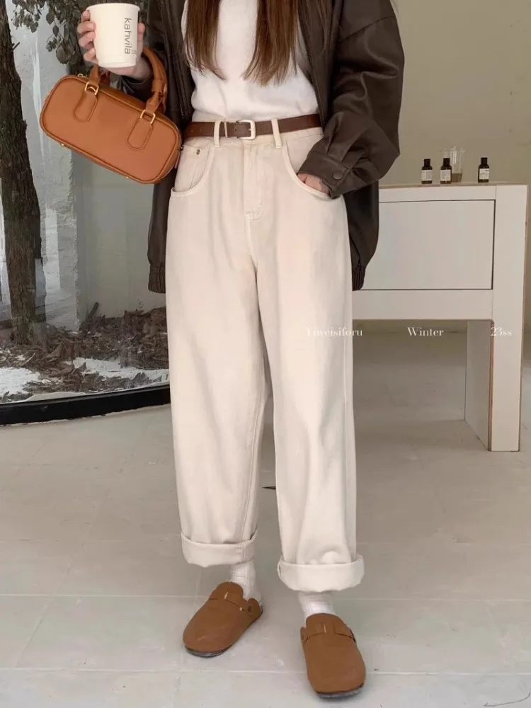 Vintage Washed Wide Leg Nine-point High Waist Jeans Women Autumn Winter Trousers 2024 New All-match Loose Straight Slim Pants