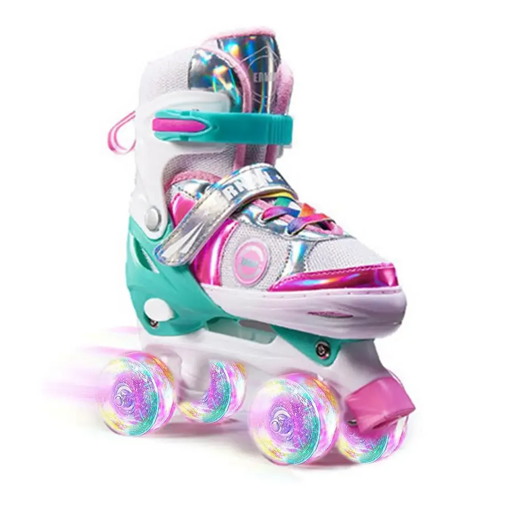 Boys Girls Kids Skates Children Roller Skates Skating Shoes Sliding Adjustable Quad Sneakers PU Flashing 4 Wheels Roller Skates