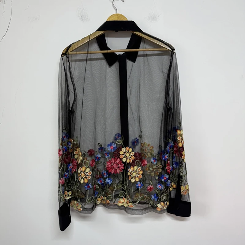 PFHQ بقماش شفاف قمصان الذكور الملونة زهرة التطريز تصميم تنوعا الطبقات شخصية طويلة الأكمام قميص رجالي المد 21E7201
