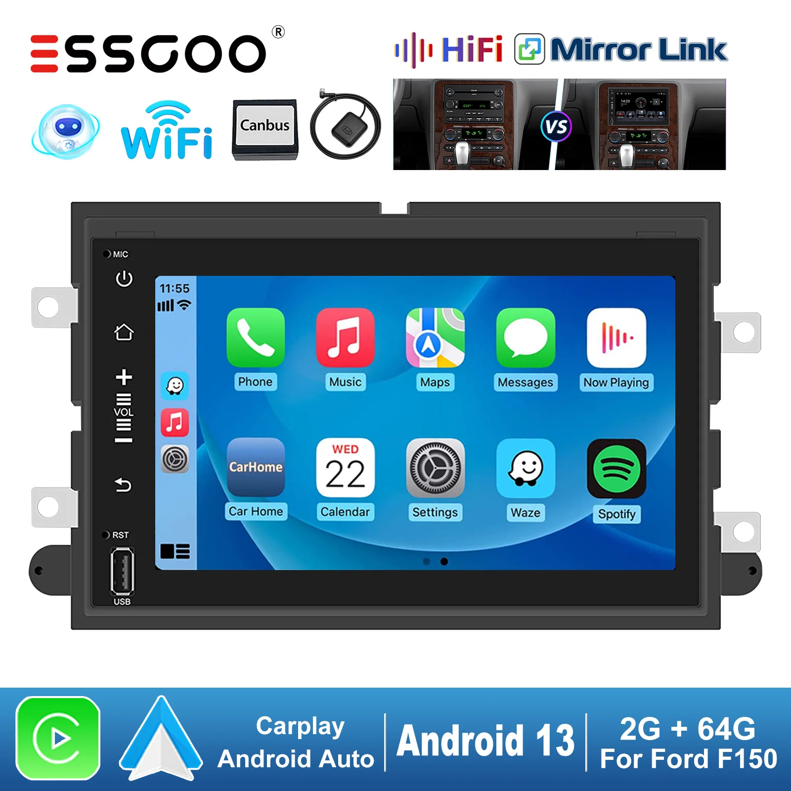 ESSGOO Wireless Carplay Android Auto For Ford F150 250 E350 Mustang 8