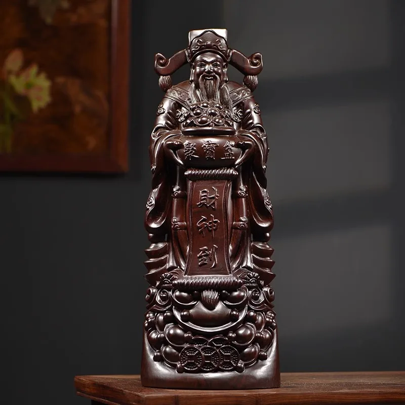 Elegant Black Ebony Wood Carved Wealth God Statue - Full Standing Fortune Deity, Office & Home Decor