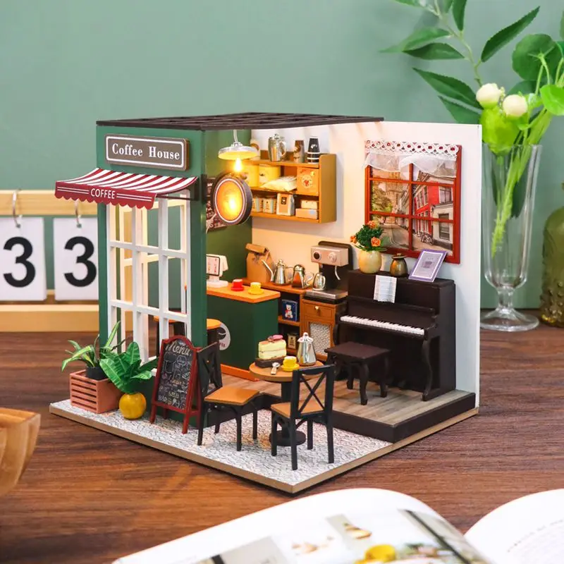 

New Diy Wooden Doll Houses Afternoon Cafe Casa Miniature Model Kits Coffee Dollhouse With Furniture 3D Puzzle For Friends Gifts