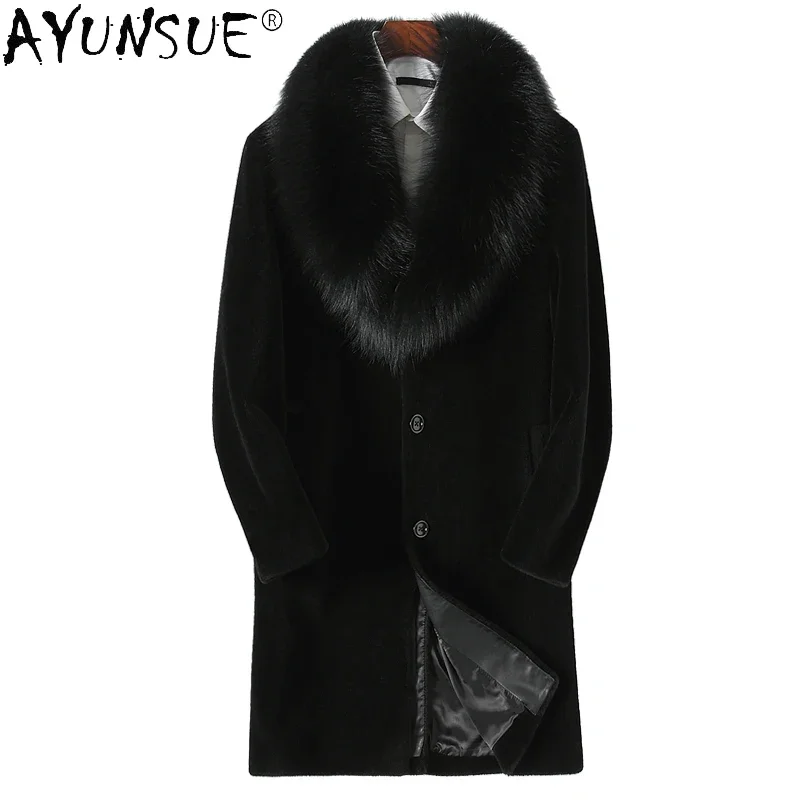 AYUNSUE Sheep Shearling Jacket Men Clothes Male Genuine Leather Mid-length Wool Fur Coat Fox Fur Collar Thicken Outerwear Winter
