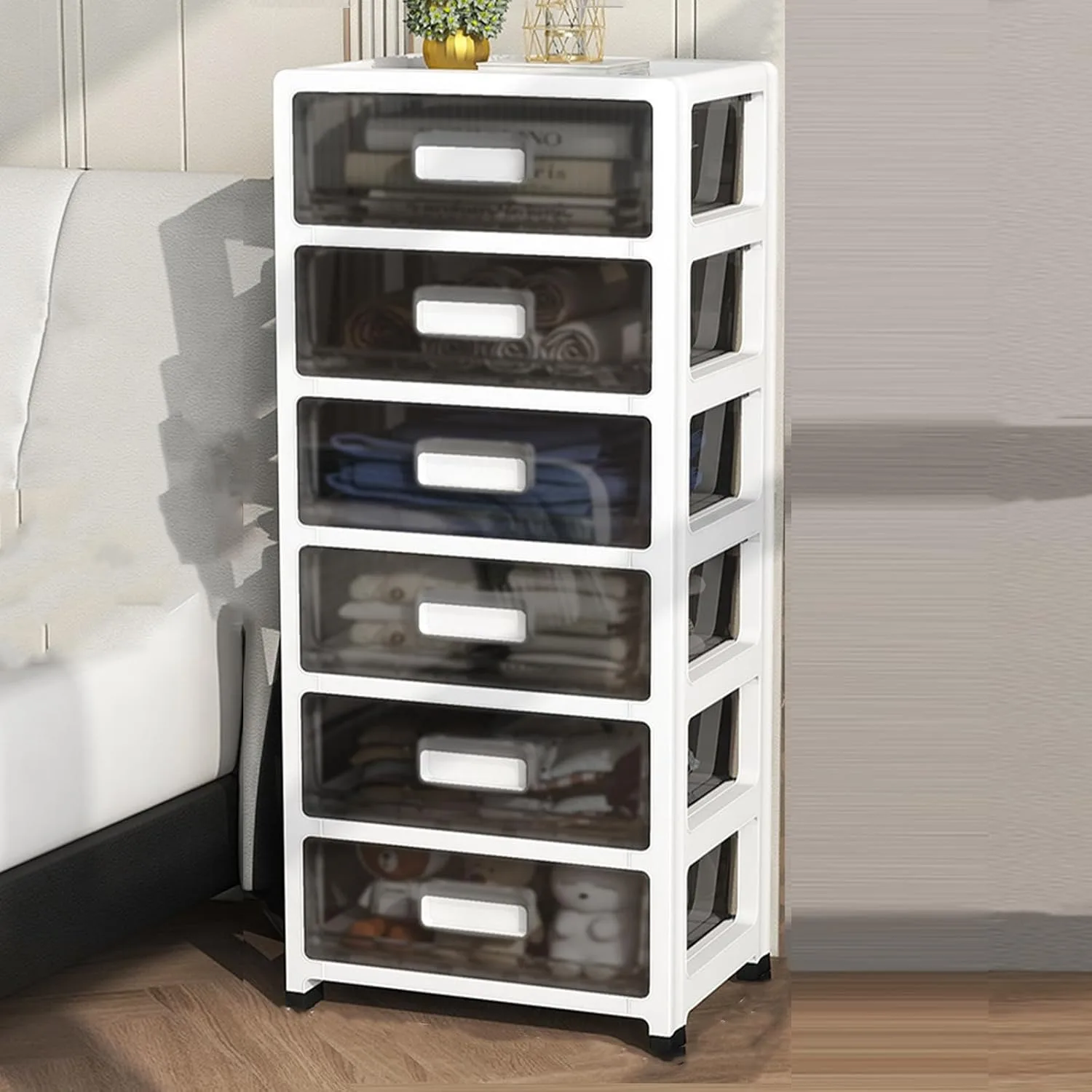 

6-Tier Plastic Drawers Dresser,Clear Tower Organizer with Wheels for Office Apartments Condos And Dorm Room