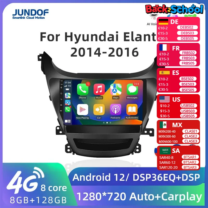 

Автомобильный радиоприемник Jundof Android12 8 128G 9 дюймов для Hyundai Elantra 2014-2016 2 Din сенсорный экран автомобильный стерео GPS беспроводной Carplay HiFI