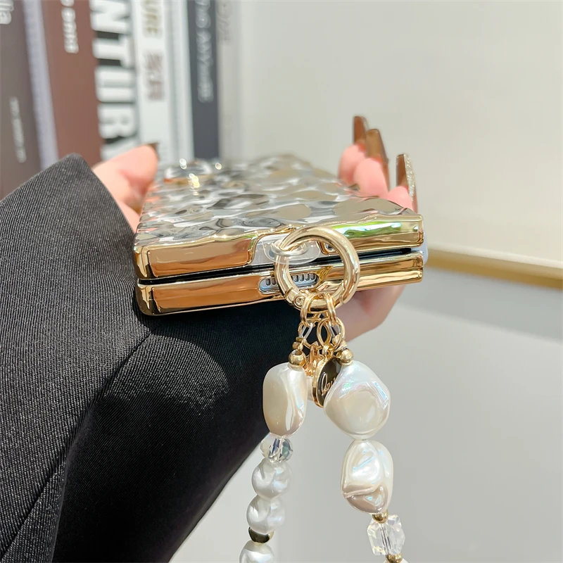 For Samsung Galaxy Z Fold 6 Luxury Classic Leopard Wave Shockproof Pearl Chain Phone Case Cover_voghion.com