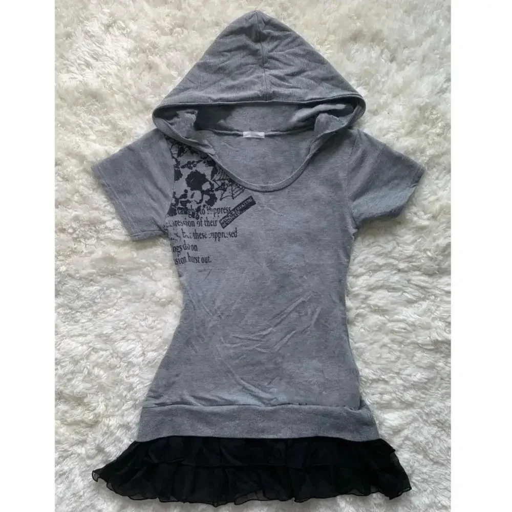 Neploe Skeleton Pattern Hooded  E-Girls Tees 2024 Summer Vintage American Fairycore Streetwear 2000S Tight Short Sleeve T-Shirt