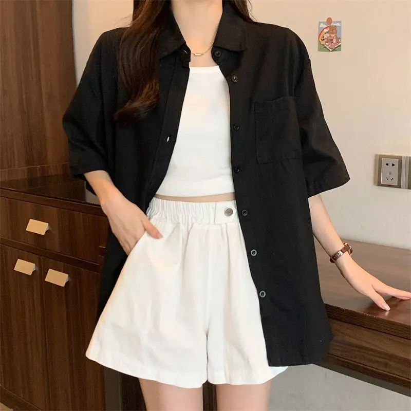 Summe Harajuku POLO Collar Pockets Short Sleeve Shirts New Solid Simple Top Thin Model Shirt Coat Casual Trend Womens Clothes