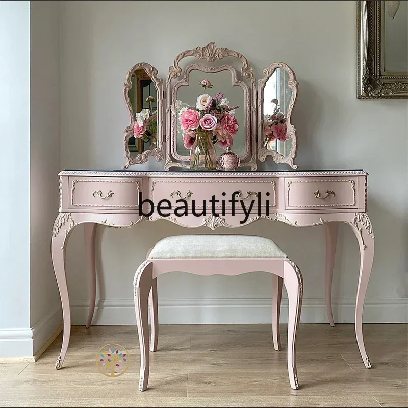 

LJYFrench retro pink dresser solid wood carving flower dressing table makeup stool glass combination