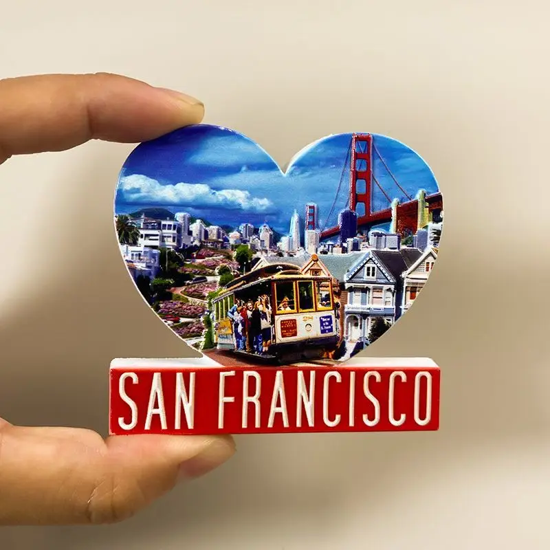 

USA San Francisco Golden Gate Bridge Cable Car Heart 3D Resin Fridge Magnets Imanes Nevera Aimants Frigo Cute Home Decor
