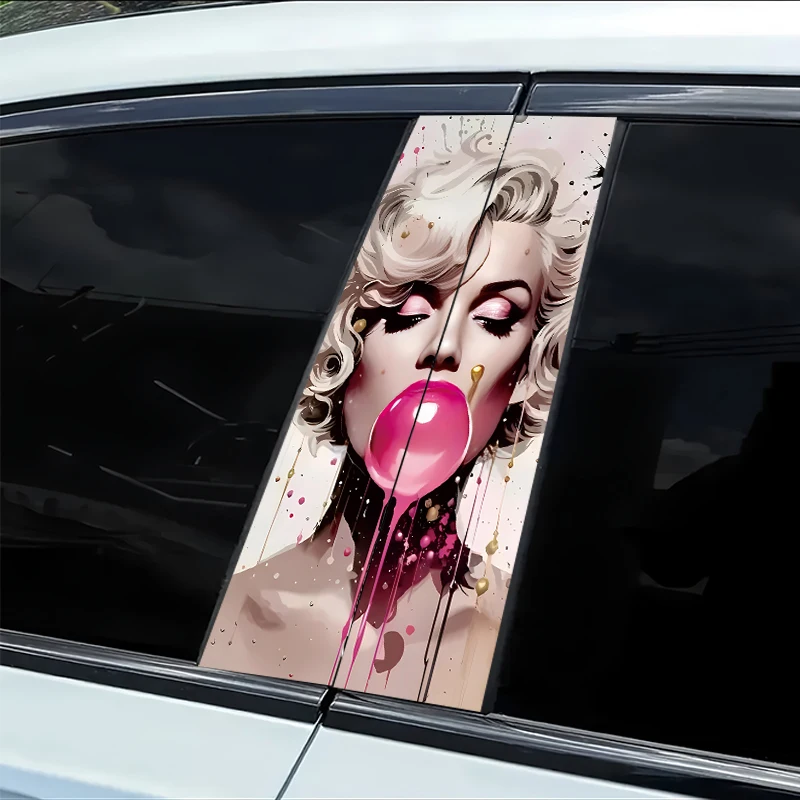 

2 pieces of car B-pillar stickers Woman Blowing Bubble Gum Vinyl protective film