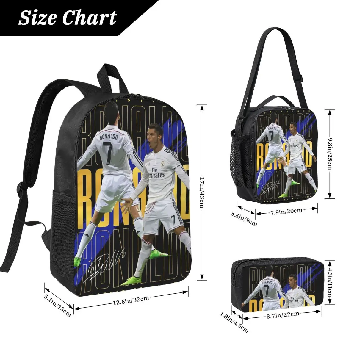 Cristiano Ronaldo Suuiii! Backpack Student Boys Girl BookBag School Bag Laptop Shoulder Bags 3ps Insulated Lunch Bag Pencil Case