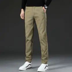 Autumn Men Solid Color England Style Smart Casual Full Pants Loose Zipper Plaid All-match Elastic Force Vintage Straight Trouser