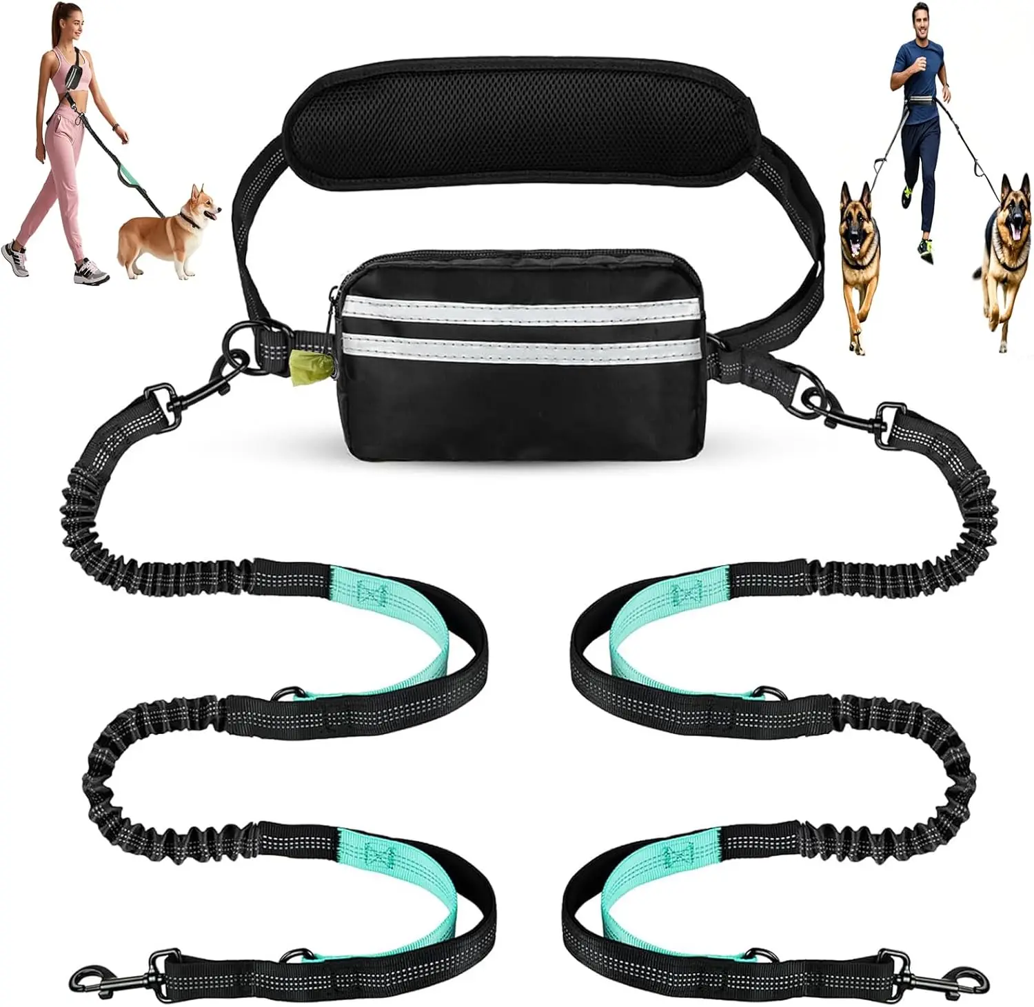 Laisse double mains libres pour chien avec pochette pour chiens moyens et grands – Laisse à bandoulière et à la taille pour la marche des chiens – Pas de traction, sans enchevêtrement