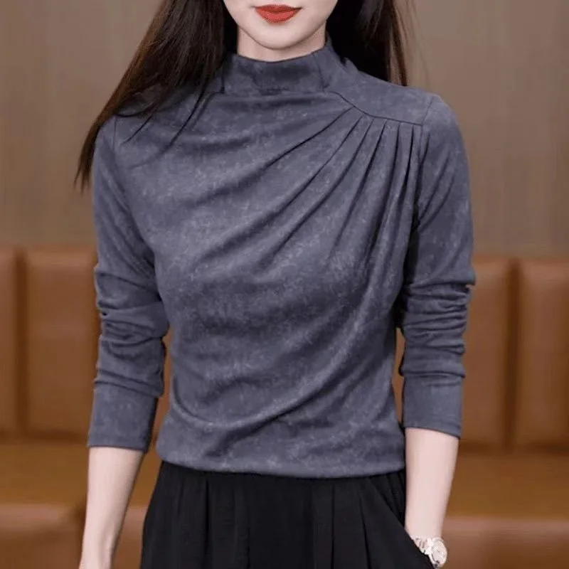 

Autumn High End Women Semi High Neck Long Sleeve T Shirt Slimming Casual Basic Top