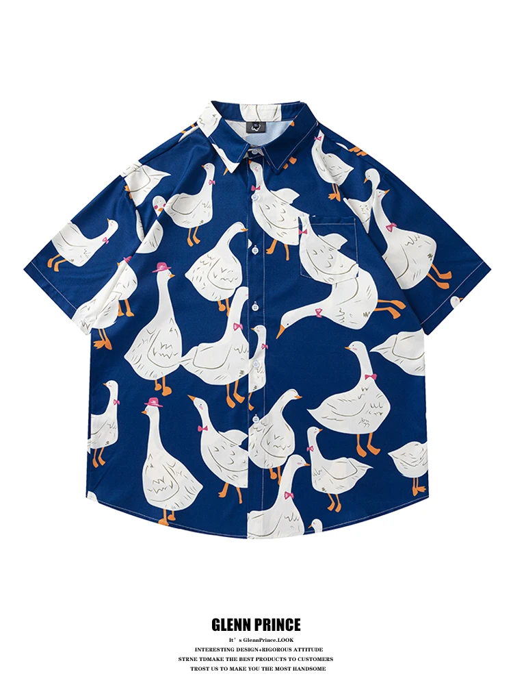 GPstudio Japanese Style Short Sleeve Duck Print Casual Shirt Men's Summer Beach Vacation Loose Fit Shirt Youth Fashion